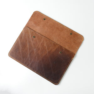 Open view of tan laptop case made from reclaimed and recycled leather