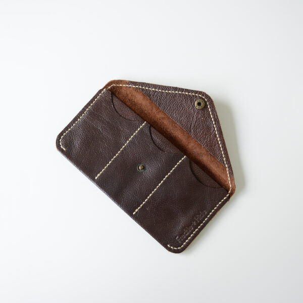 Open view of dark brown wallet with 3 card slots and a large pocket