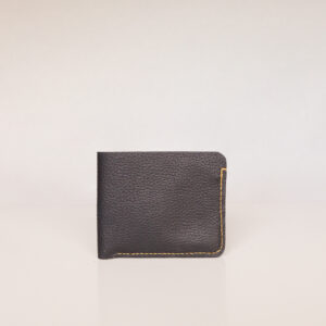 Outside of black leather bifold wallet with contrasting yellow stitiching