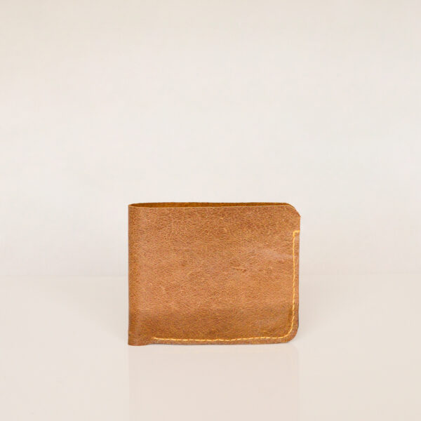 Bifold wallet made from reclaimed and upcycled leather. Tan with yellow stitching