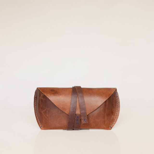 Brown leather sunglasses/glasses case with leather strap closure