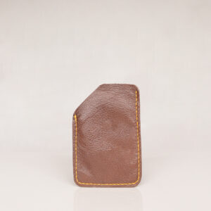 Back view of minimalist card wallet. Brown preloved leather with yellow stitching