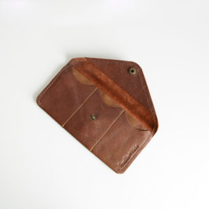 Open view of tan wallet made from reclaimed leather