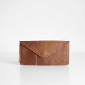 Tan wallet made from reclaimed leather with yellow stitching