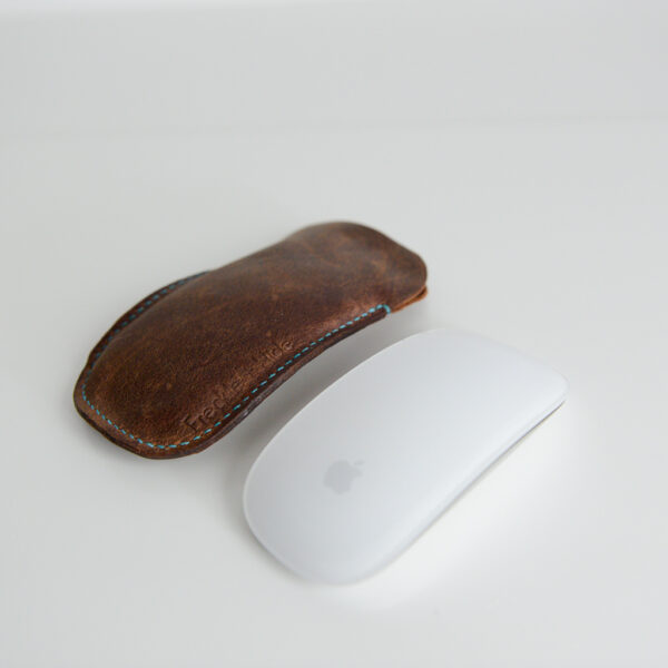 Brown leather case for apple magic mouse made with reclaimed leather