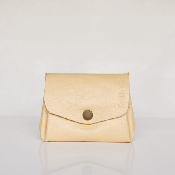 Yellow leather wallet with antique brass popper on curved front flap