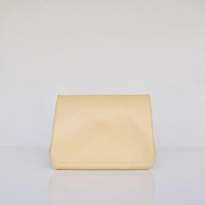Rear view of yellow leather wallet showing cream stitching
