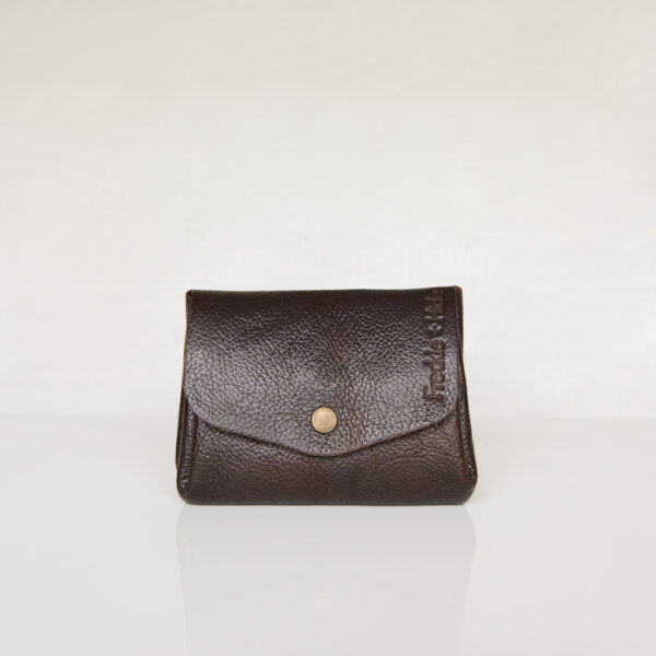 Dark brown leather wallet with antique brass popper on curved front flap
