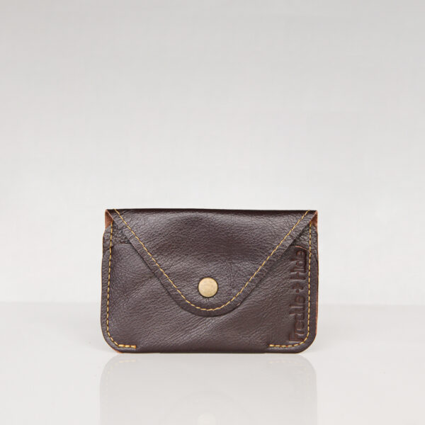 Brown leather minimalist card wallet with antique brass popper closure. For bank or business cards