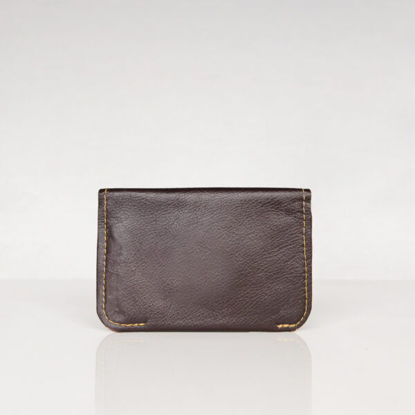 Back view of dark brown minimalist card wallet made from reclaimed and upcycled leather