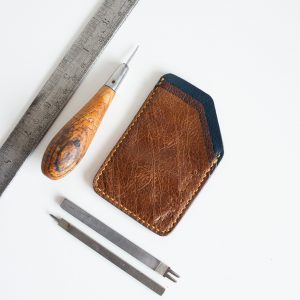Tan, brown and blue handmade card wallet made from reclaimed leather