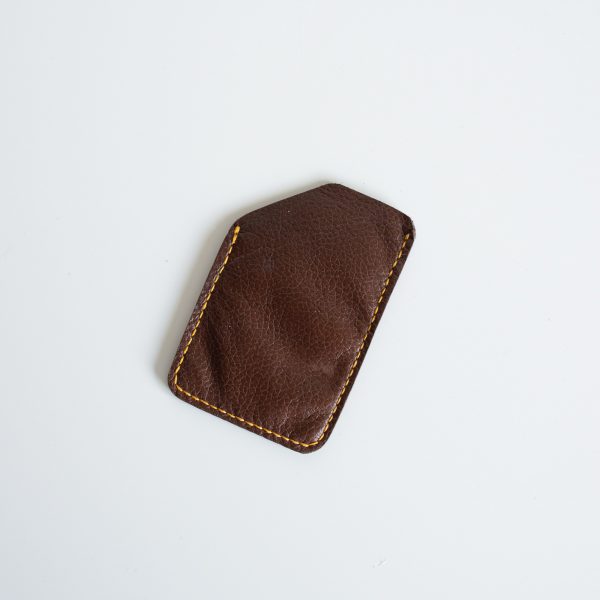 Upcycled leather credit card wallet wit yellow linen thread stitching