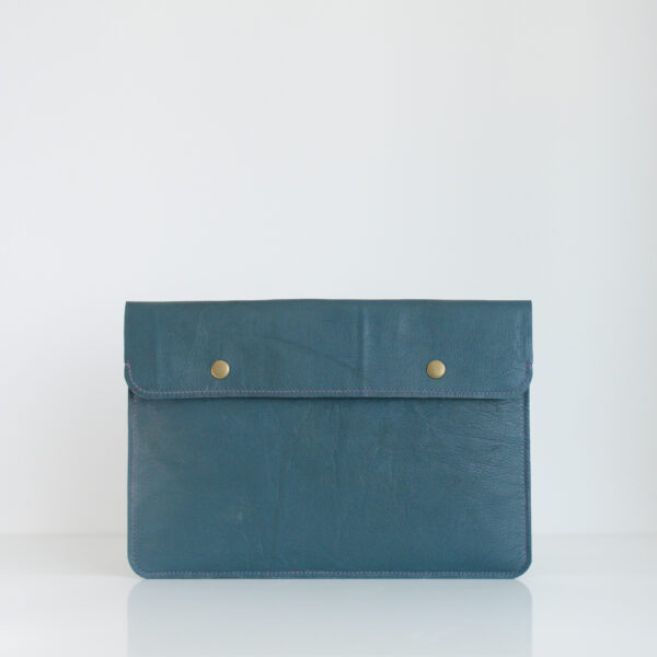 Blue laptop sleeve made of reclaimed and recycled leather