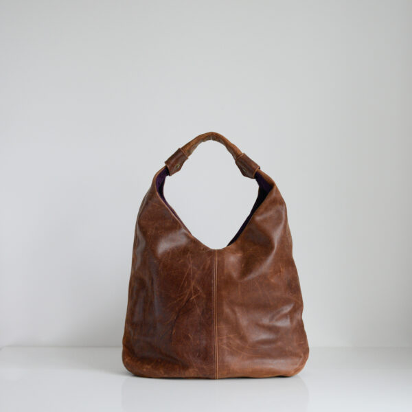 Slouchy brown tote bag made from reclaimed and recycled leather
