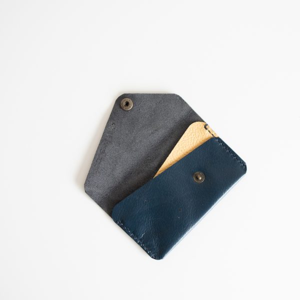 Blue and yellow card wallet made from recycled leather