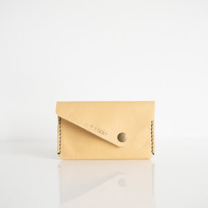 Yellow card wallet with contrasting blue stitching made from upcycled leather